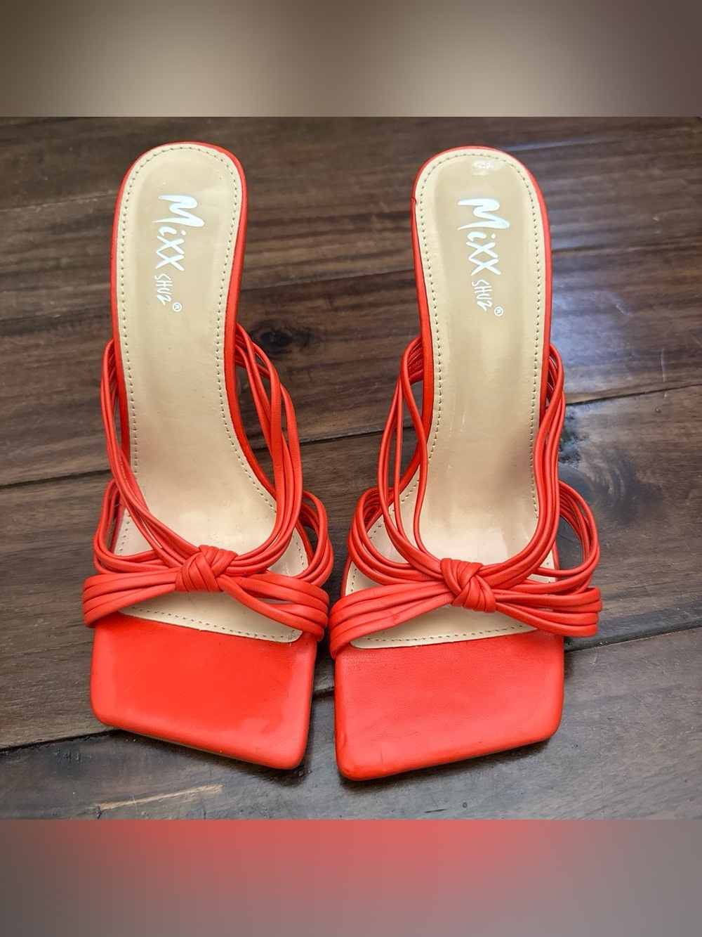 Mixx Shuz Orange Red Knotted Strap Slide Heels